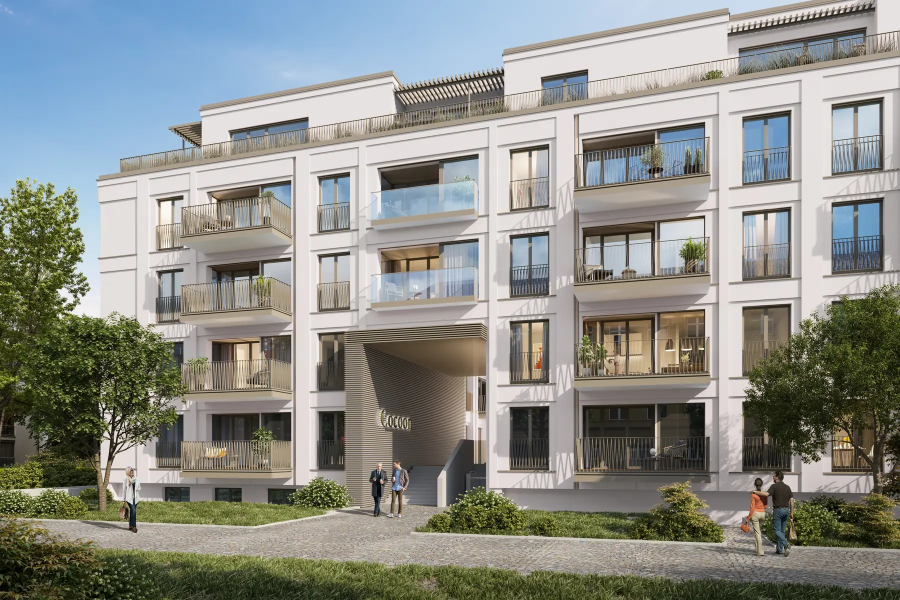 3D-visualisering av ett ljust flerbostadshus med balkonger och planterad förgård
