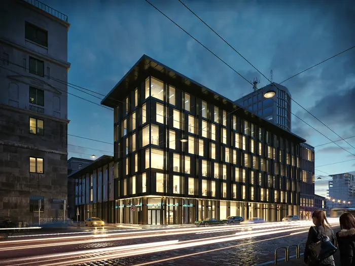 3D-visualisering. Exteriör: kontorshus i kvällsljus