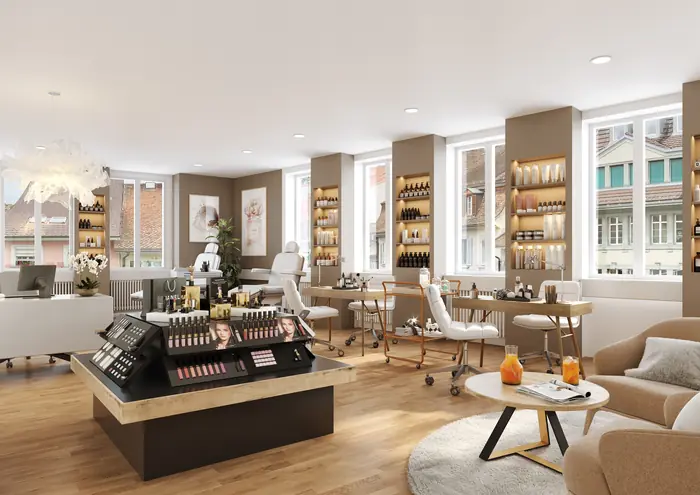3D-visualisering. Interiör: butik med kafé