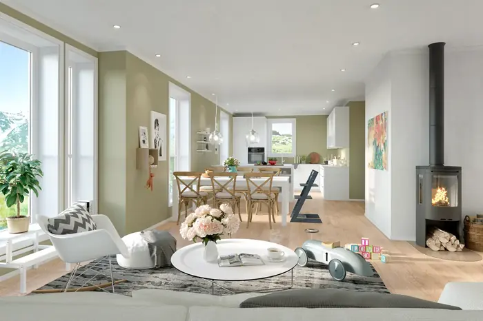 3D-visualisering. Interiör: vardagsrum med kamin