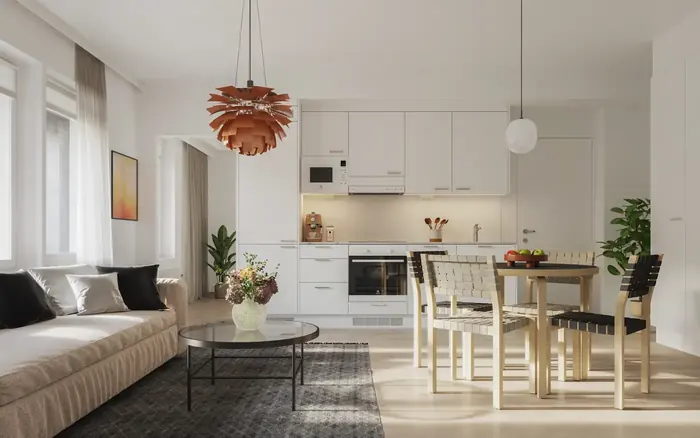 3D-visualisering. Interiör: kök och vardagsrum i öppen planlösning
