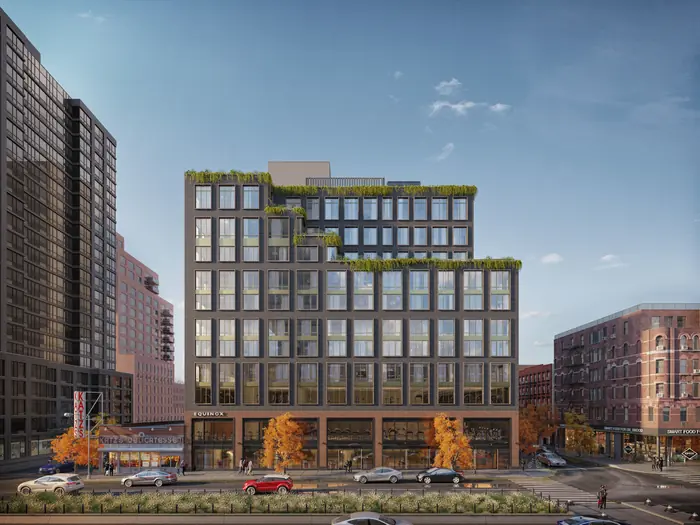 3D-visualisering. Exteriör: stadskvarter med gröna fasader