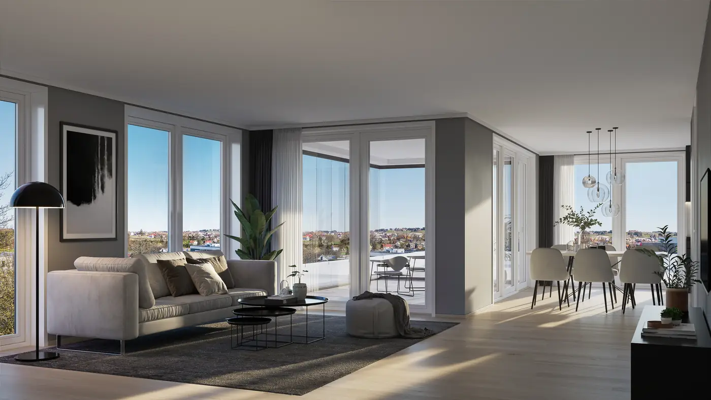 3D-visualisering av ett vardagsrum med stora fönster och utsikt
