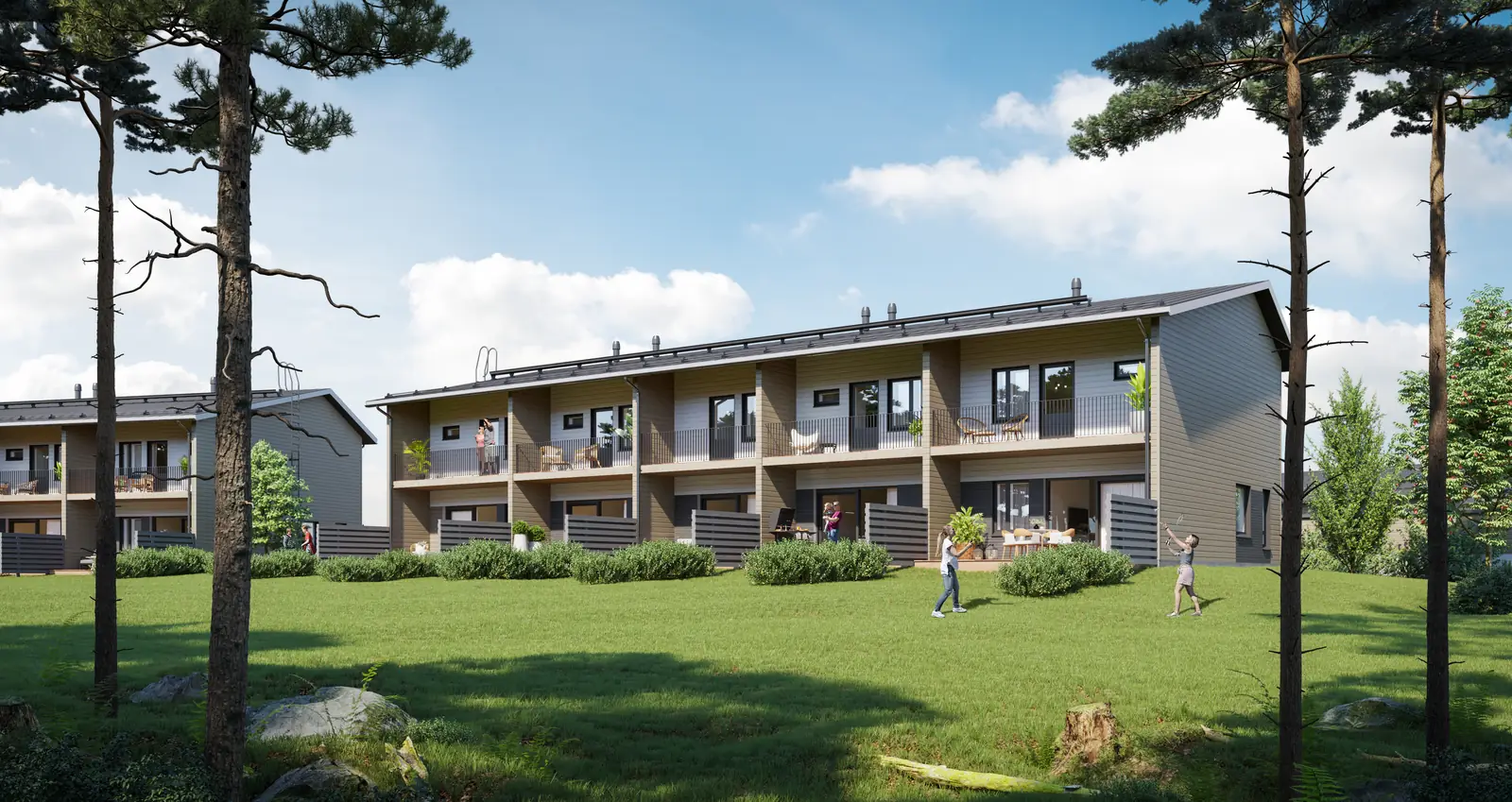 3D-visualisering av radhus kring en gemensam gräsgård med tallar