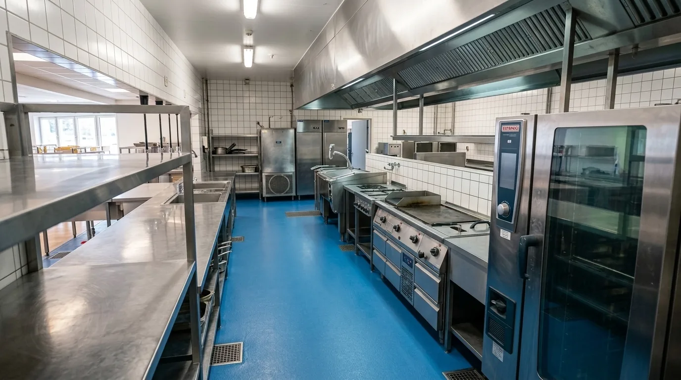 Storkök med rostfria arbetsbänkar, spis, stekbord, kokgryta och kombiugn under en ventilationskåpa