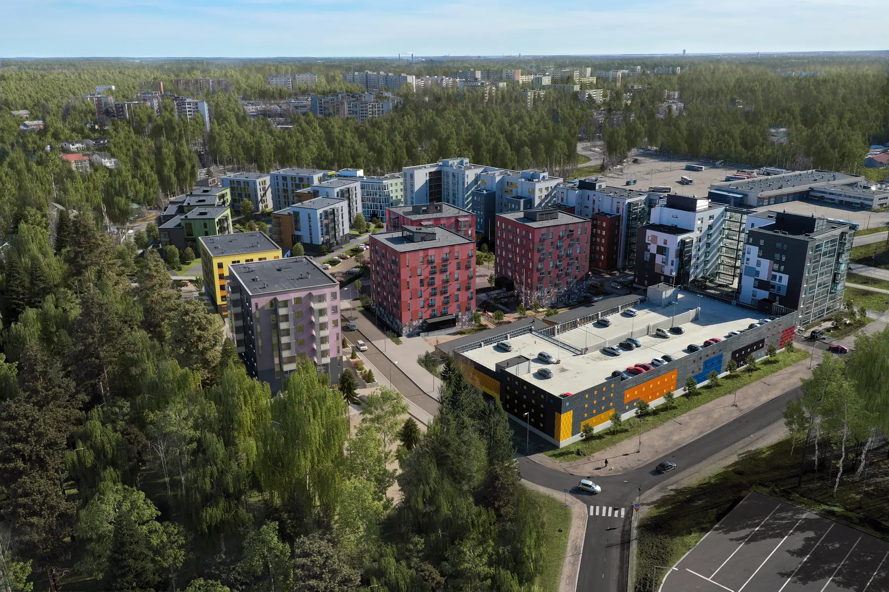3D-visualisering i flygvy av ett bostadskvarter omgivet av skog