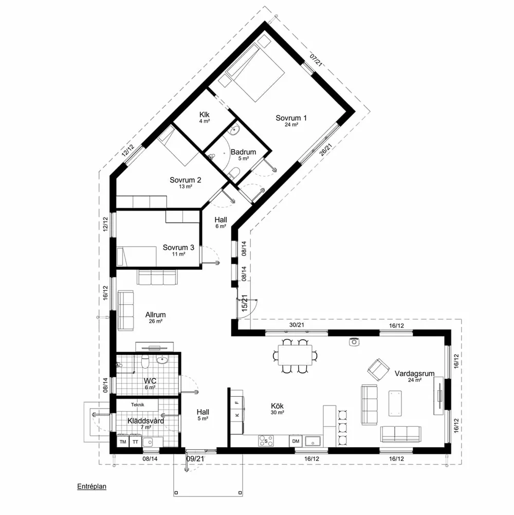 Planritning för Enplanshus Laholm 166
