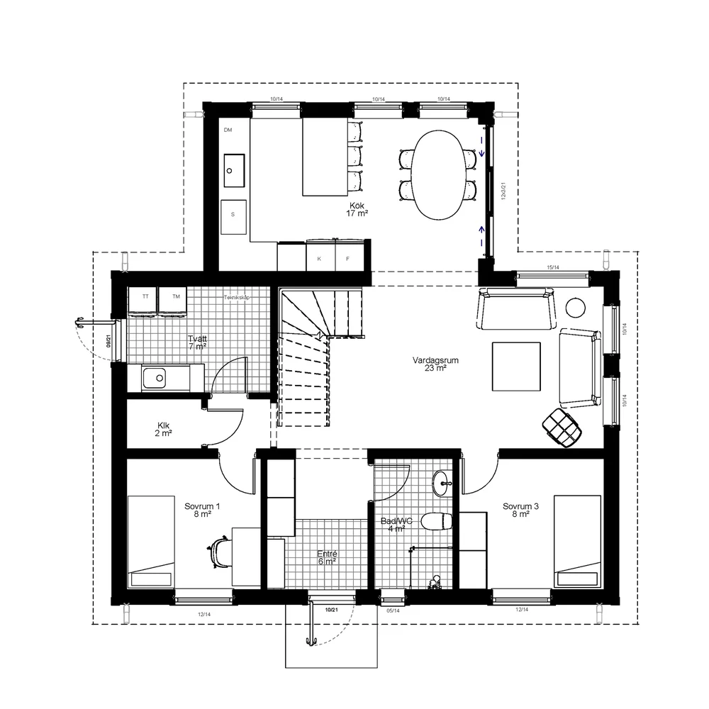 Planritning för 1½-planshus Mora 124