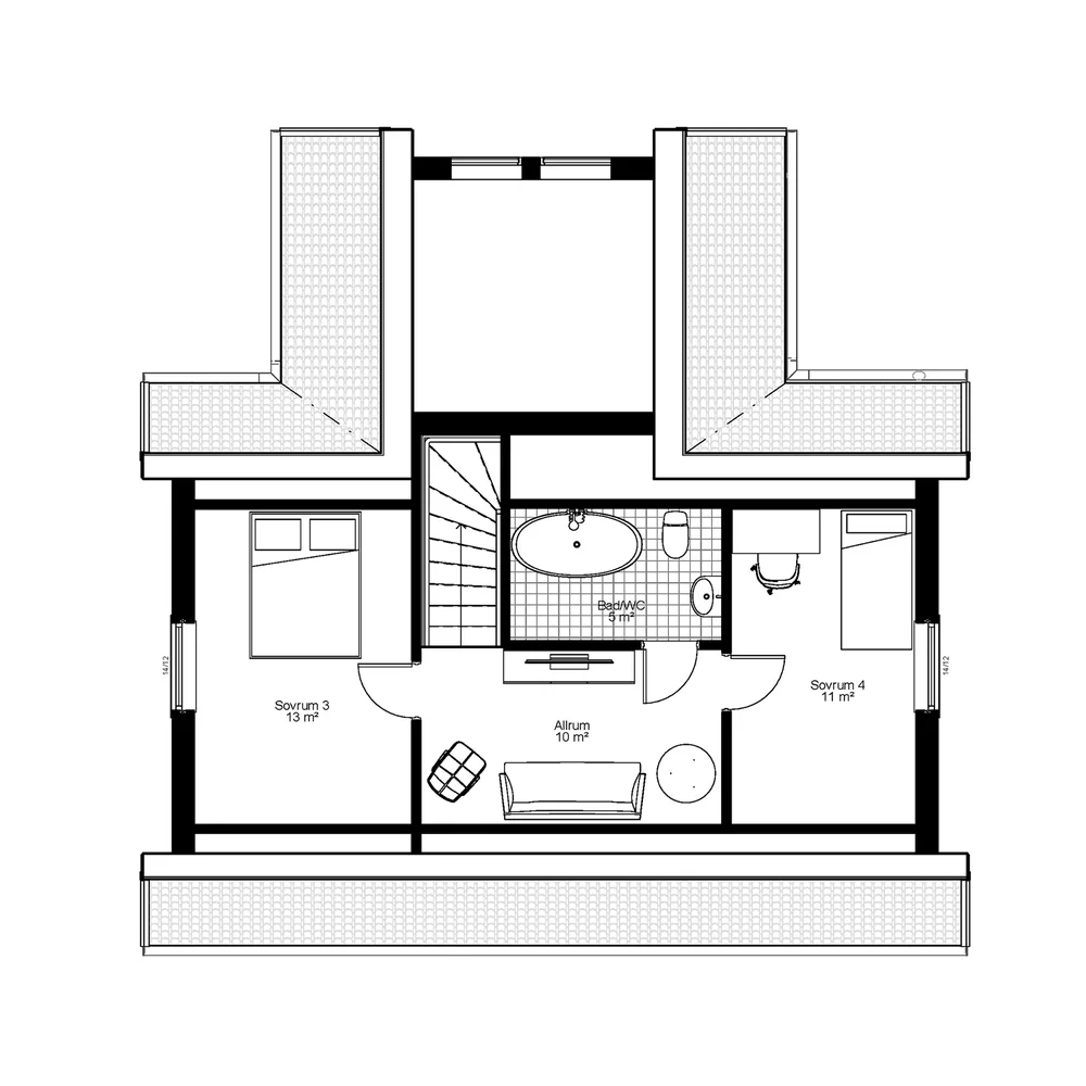 Planritning för 1½-planshus Mora 124